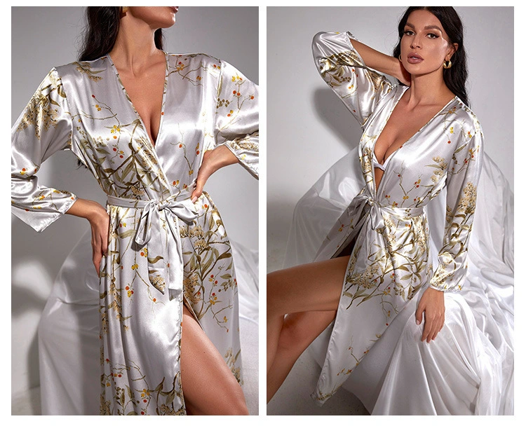 Sexy Women′ Silk Satin Pajamas Bathrobe Lingerie Solid Sleepwear Cami Robes