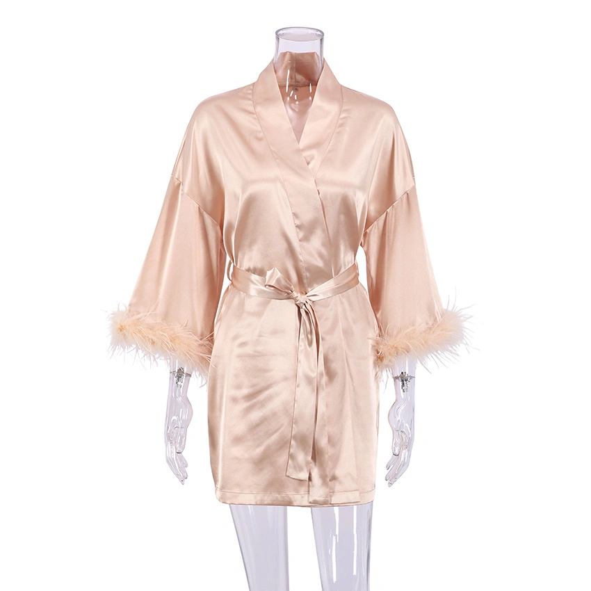 Womens Pyjamas Satin Silk Ostrich Feathers Trim Night Dress Pajamas Bridal Robe with Feathers